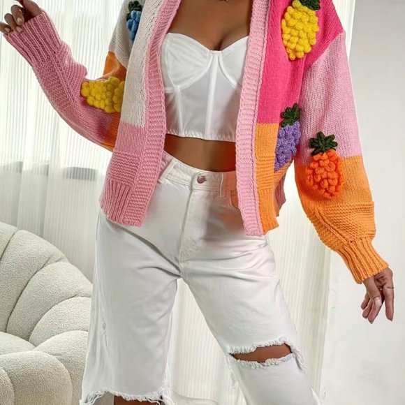 Women Open Knit Sweater Cardigan Medium Pink Orange Colorblock Fruit Embroidery - Picture 2 of 15